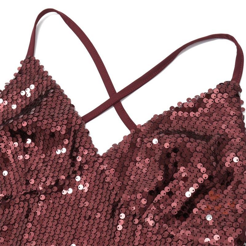 Đầm Mini MaplePoet Nữ - Cổ Chữ V, Thắt Lưng và Dây Spaghetti Sequin Lấp Lánh