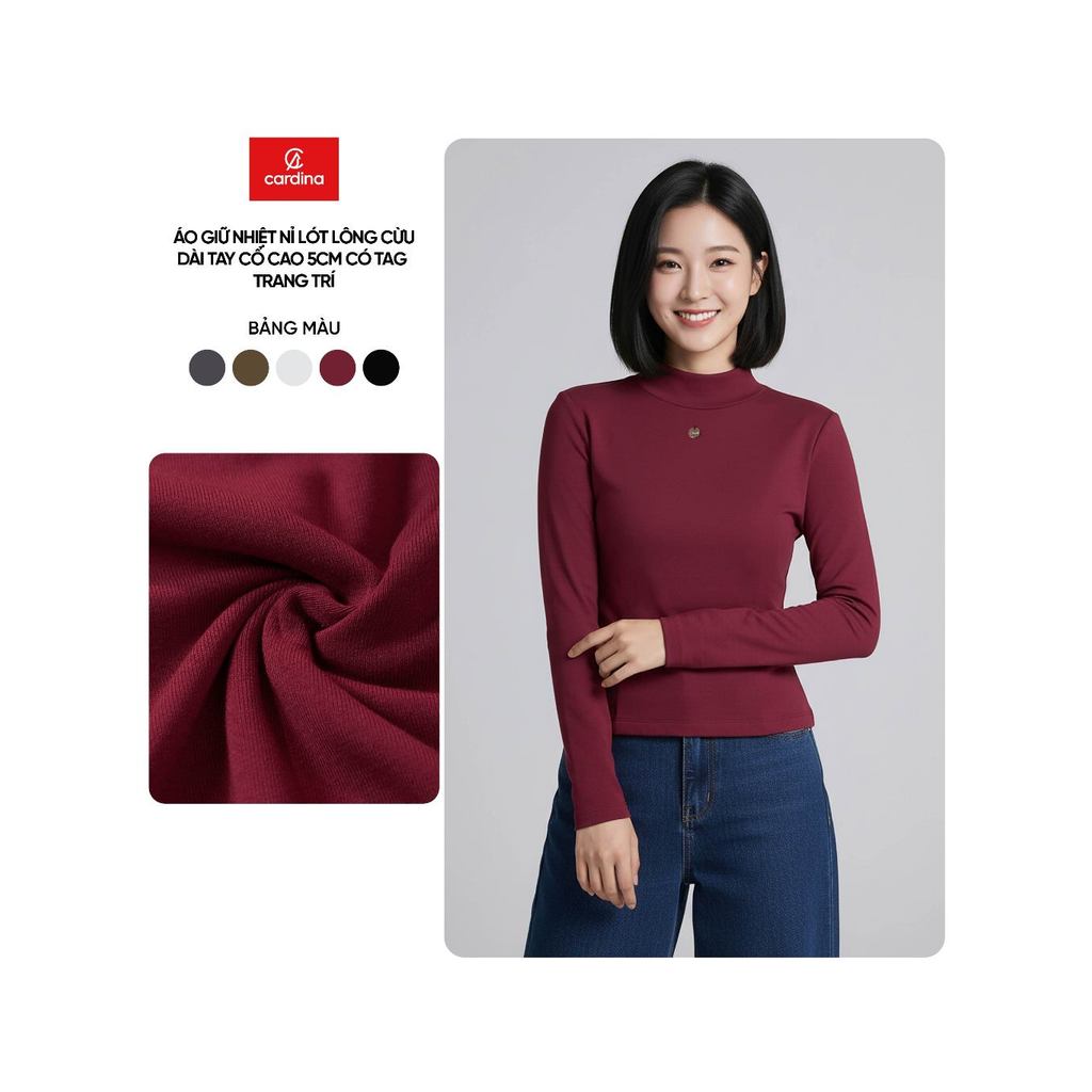 Áo giữ nhiệt nữ CARDINA chất liệu nỉ lông cừu dài tay cổ cao 5cm có tag trang trí ngực 5AHF10