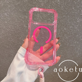 Eo nhỏ màu hồng thích hợp cho vỏ điện thoại Apple 17, dây treo ba trong một iPhone 16 promax, 15pro / 14 / 13 / 12 / 11 Vỏ chống rơi màu trong suốt hấp thụ từ tính