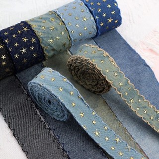 EBINLANDS 1 yard 38MM Ruy băng vải denim, Ruy băng ngôi sao vàng rộng 38MM, DIY Ngôi sao vàng đóng dấu họa tiết ruy băng đóng dấu Quần áo may