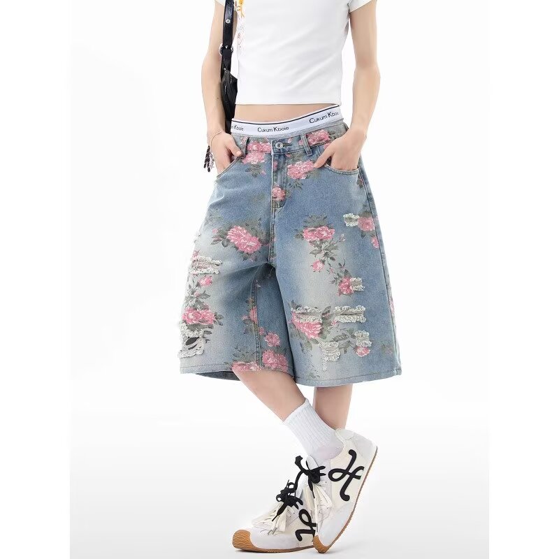 Quần short CN Denim Quần short thẳng lỗ rộng của Mỹ
