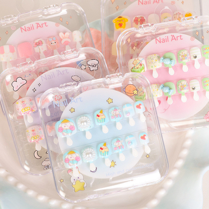Sweet Kids Press On Nails Handmade Với Ngọc Trai Có Thể Tháo Rời Hoạt Hình Móng Tay Giả Dễ Thương Nhân Tạo Đầu Móng Tay Cho Bé Gái Và Nữ