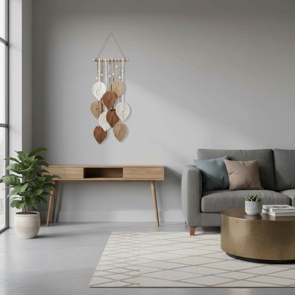 NEAVERLER Lá Macrame Treo Tường, Thảm Treo Tường Dệt Dây Cotton Phong Cách Boho, Màu Xanh Thẩm Mỹ 60x25cm Trang Trí Tường Bohemian Trang Trí Đám Cưới Nhà