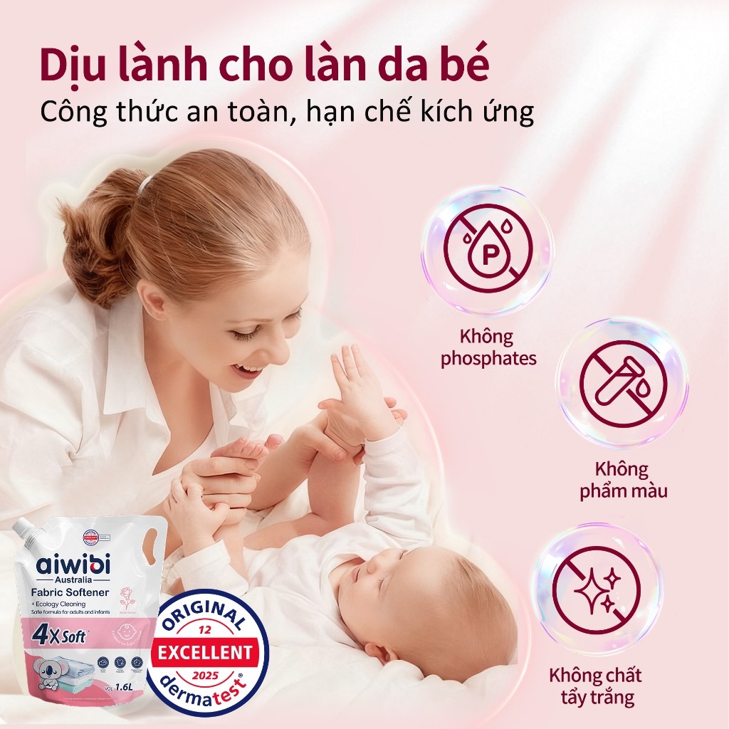 Nước Xả Vải Aiwibi Cho Quần Áo Mềm Mại, Dịu Nhẹ, Hương Hoa Hồng (1600ml)