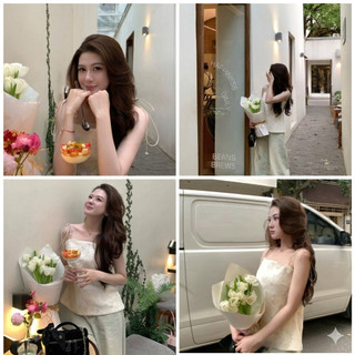Áo 2 dây ren hoa dáng suông pha voan lưới tiểu thư , Áo hai dây buộc nơ vai phong cách Hàn Quốc