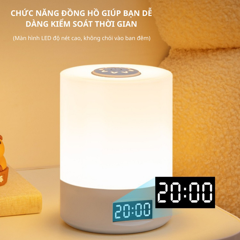 Đèn ngủ để bàn tích điện cảm ứng đa năng 3 màu ánh sáng, đèn ngủ led tích hợp đồng hồ trang trí phòng ngủ