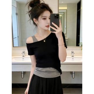 Plus Size Top Nữ Plus Size Ngắn Top Béo MM Giả Hai Mảnh Áo Thun Nữ Tay Ngắn Mùa Hè Năm Nay Phổ Biến Ôm Hơn Thiết Kế Dáng Rộng Vai Top 120kg Plus Size Quần Áo Nữ