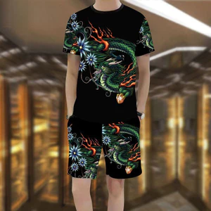 Bộ áo thun và quần short nam với họa tiết rồng 3D