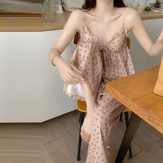 Bộ đồ ngủ in hoa vintage mùa hè có đệm ngực và dây đeo dành cho nữ kiểu trẻ trung thoải mái