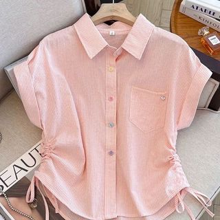 Plus Size Áo Sơ Mi Nữ Sọc Tay Ngắn Nữ Mùa Hè 2025 Phiên Bản Hàn Quốc Thiết Kế Rời Thường Ngày Phù Hợp Với Dây Rút Ngắn Top Tay Ngắn Plus Size Quần Áo Nữ