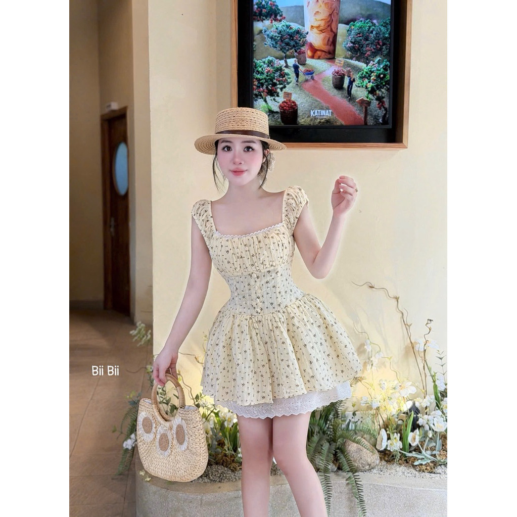Đầm xô thêu hoa nhún cổ vuông xoè  BYJOLIE
