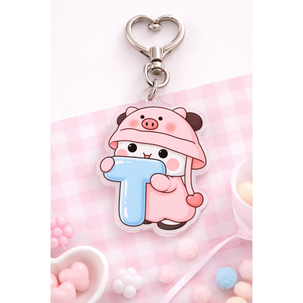 Móc Khoá Chữ Cái Bé Heo Hồng Đội Mũ Cute
