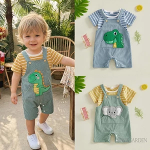 Bộ áo ngắn tay cổ tròn sọc dáng rộng cho bé trai mùa hè và quần yếm thêu