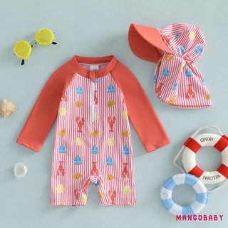 MG-Toddler Boy Rash Guard Đồ bơi in tôm Tay dài Dây kéo phía trước Bộ đồ tắm sọc có mũ