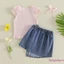 Trang phục mùa hè 2 mảnh dành cho bé gái mới biết đi Áo có gân tay bay + Váy Denim xù có nơ