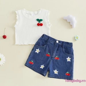Trang phục mùa hè cho bé gái Áo ba chiều trang trí rau diếp + Bộ quần short Denim thêu đàn hồi