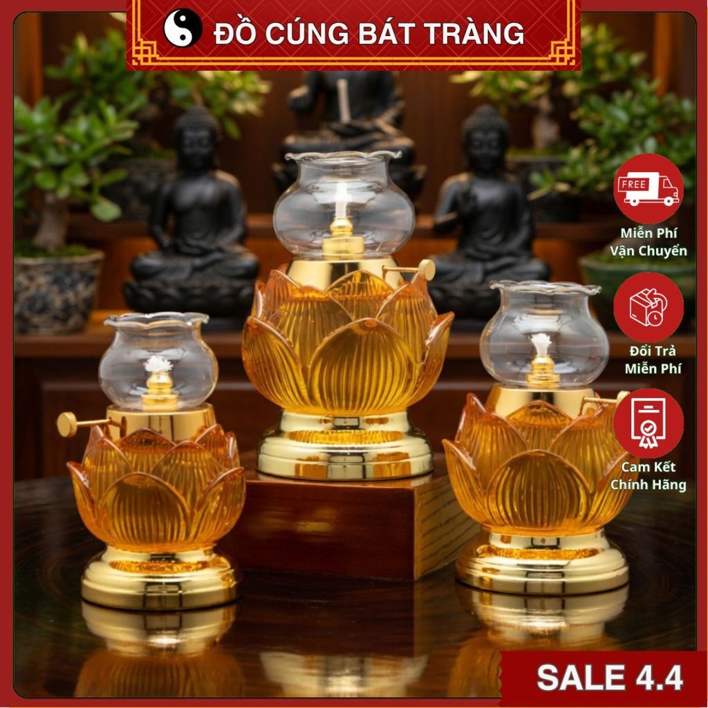 Đèn Dầu Thờ Cúng Hình Hoa Sen Lưu Ly Vàng - Đèn Bàn Thờ Cúng Gia Tiên, Thần Tài, Thờ Phật - Chất Liệu Cao Cấp [ Đèn 035]