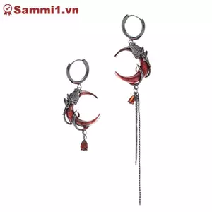 Bông Tai Mặt Trăng Đỏ Bất Đối Xứng và Dây Chuyền Tua Rua Phong Cách Gothic