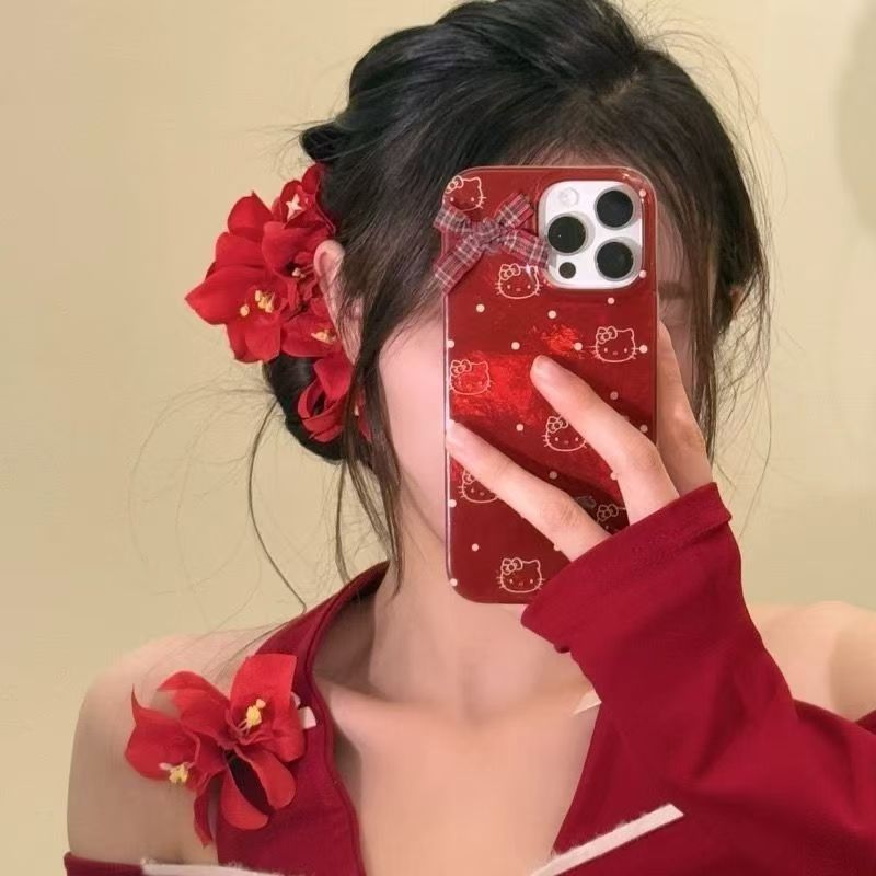 Kẹp Tóc Hoa Đỏ Không Khí Ngọt Ngào Phụ Kiện Tóc Cho Nữ