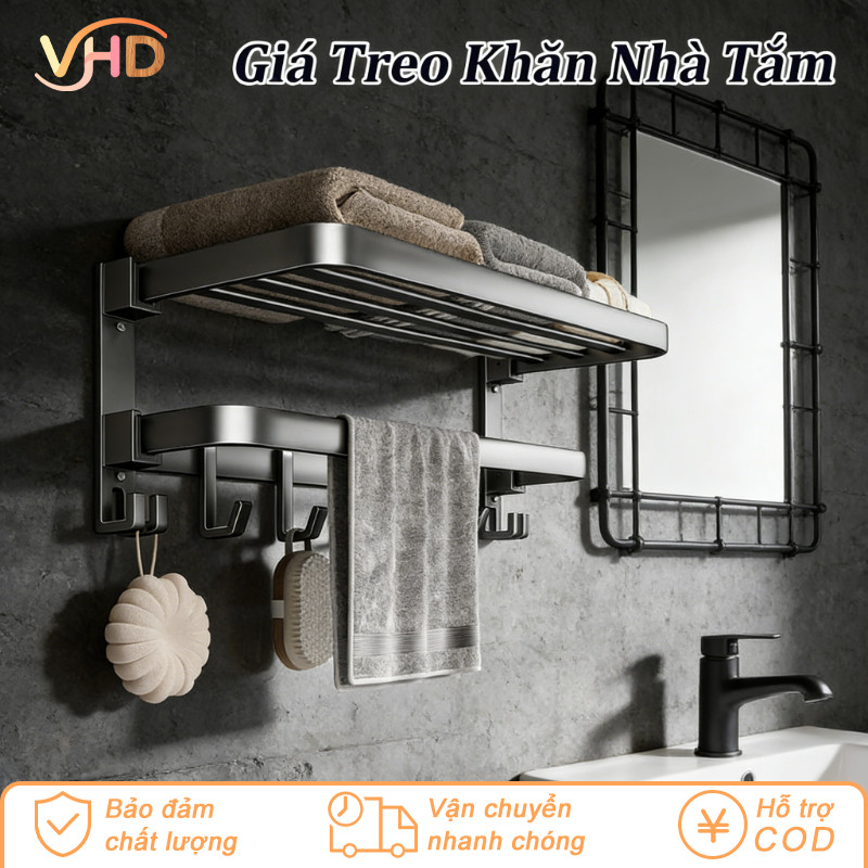 Giá Treo Khăn Nhà Tắm Dán Tường Bằng Nhôm Hàng Không - Thiết Kế Có Thanh Móc & Gấp Gọn, Tặng Kèm Keo Dán