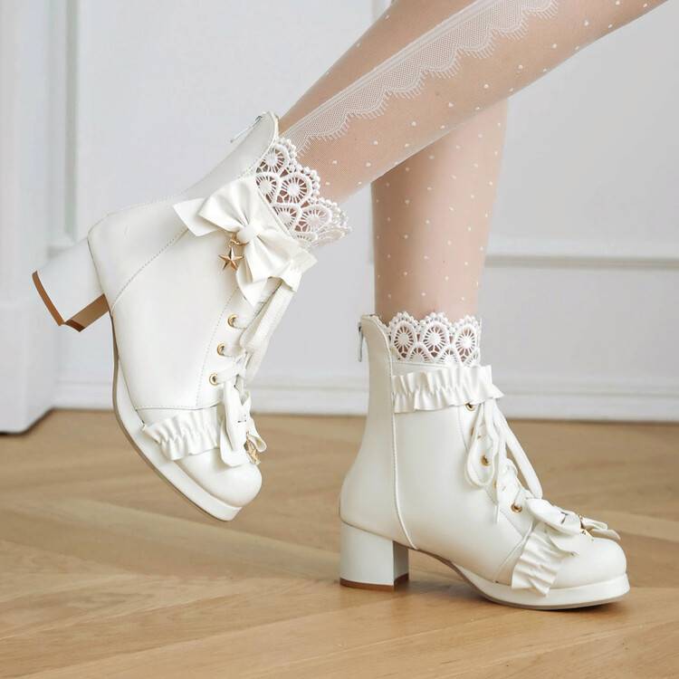 VNGT34-43 Kích Thước Lớn Ren Màu Sắc Phù Hợp Với Ngón Chân Tròn Dày Gót Chân Ngắn Ống Giày Bốt Thời Trang Gothic cos Dây Lưng Mặt Trước Chéo Ren Nơ