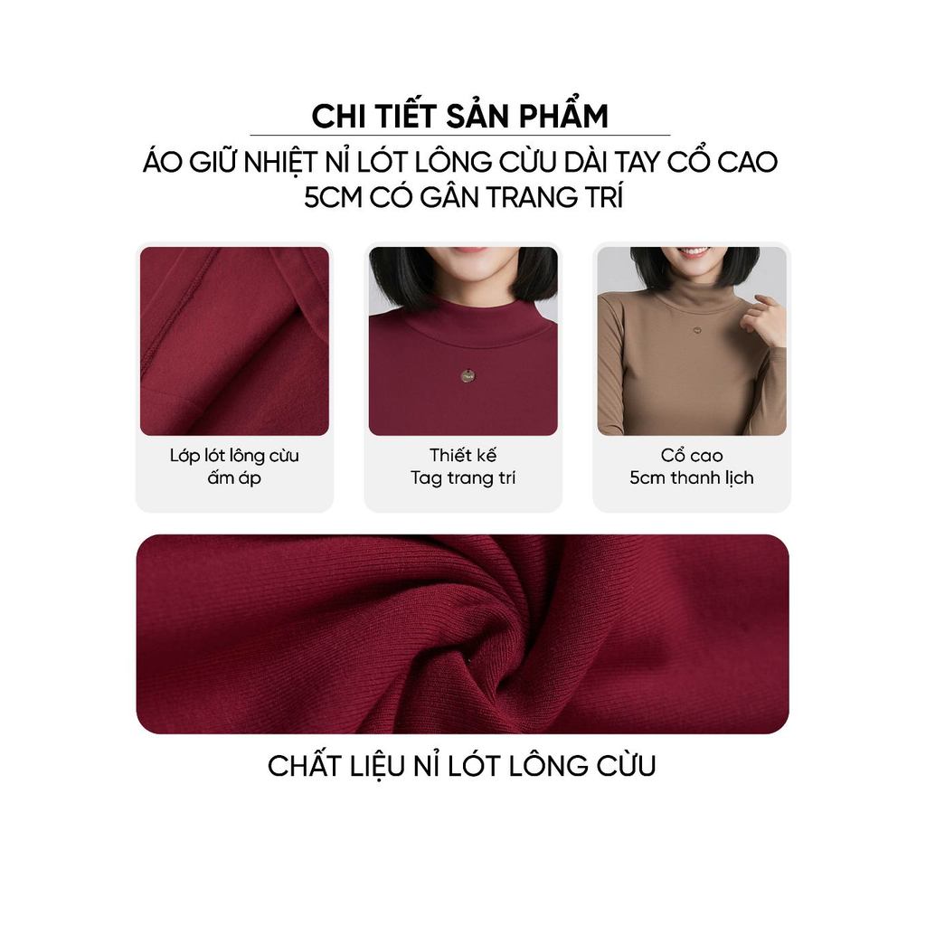 Áo giữ nhiệt nữ CARDINA chất liệu nỉ lông cừu dài tay cổ cao 5cm có tag trang trí ngực 5AHF10
