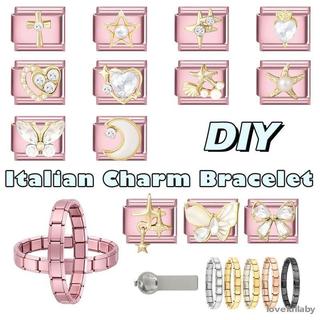 Vòng tay nữ DIY làm từ thép không gỉ, thiết kế Y2K với họa tiết bướm, mặt trăng, trái tim và ngôi sao màu hồng và tím