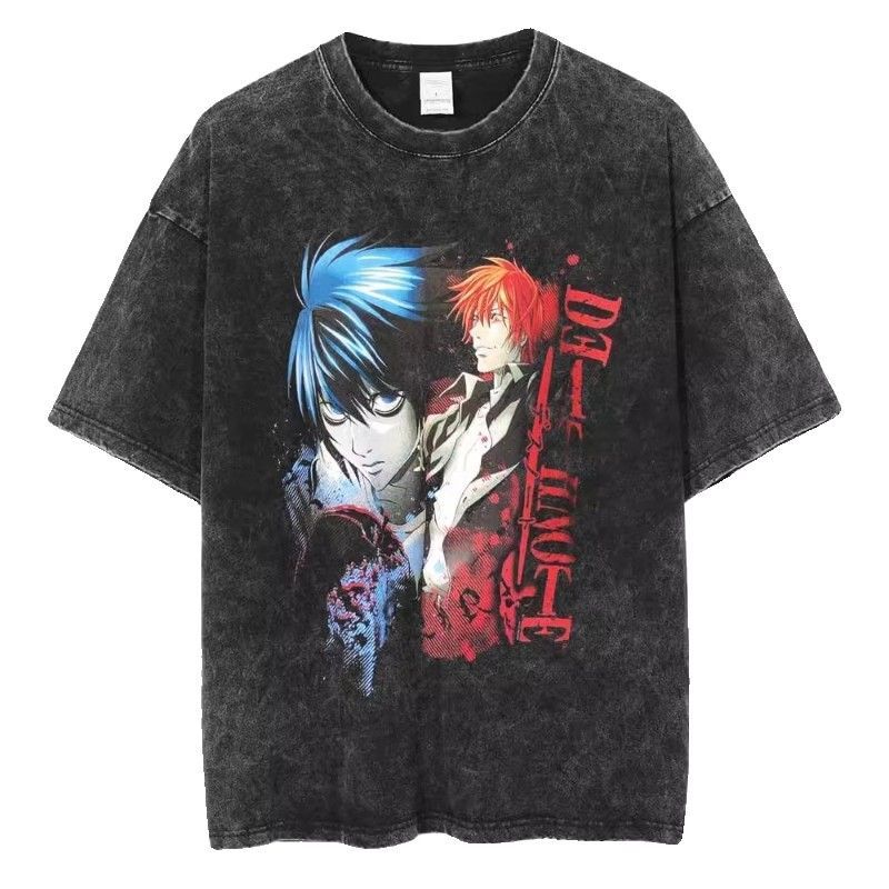 Áo thun ngắn tay anime Misa và Lawliet, 240g bông nguyên chất màu đen bóng, phù hợp mùa hè