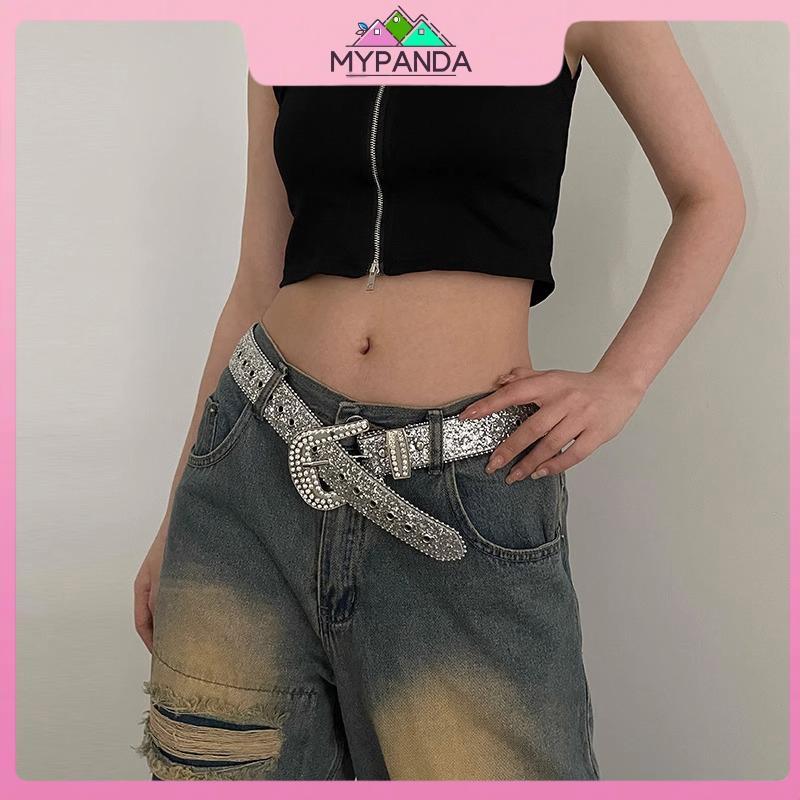 MYPANDA Thắt lưng Y2K thời trang nữ, da PU bling, kim cương giả & pha lê lấp lánh, có thể điều chỉnh, phù hợp cho bữa tiệc câu lạc bộ.