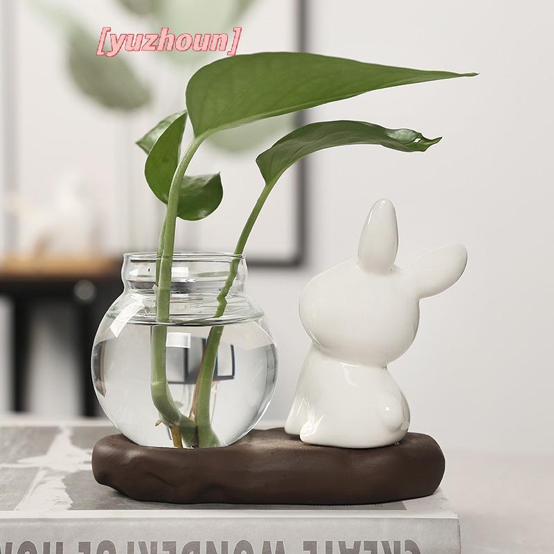 [yuzhoun] Bình thủy tinh trong suốt hình thỏ dễ thương, bình cây thủy canh để bàn có đế gỗ