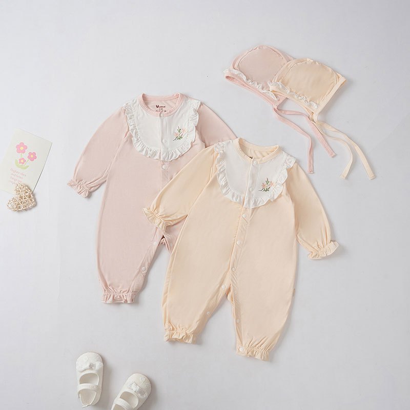 Body chip dài tay bé gái nhún ngực tặng kèm mũ - Unbee Body suit giữ ấm bụng cho bé 0-12 tháng