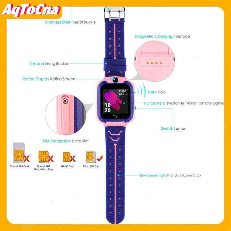 Đồng hồ điện thoại SOS thông minh dành cho trẻ em AqToCna Q12 Đồng hồ thông minh có thẻ Sim Ảnh chống nước Ip67 Quà tặng trẻ em AqToCna