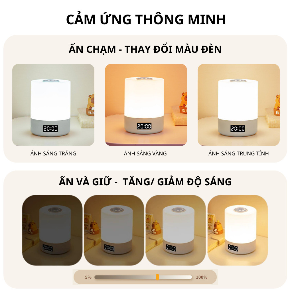 Đèn ngủ để bàn tích điện cảm ứng đa năng 3 màu ánh sáng, đèn ngủ led tích hợp đồng hồ trang trí phòng ngủ