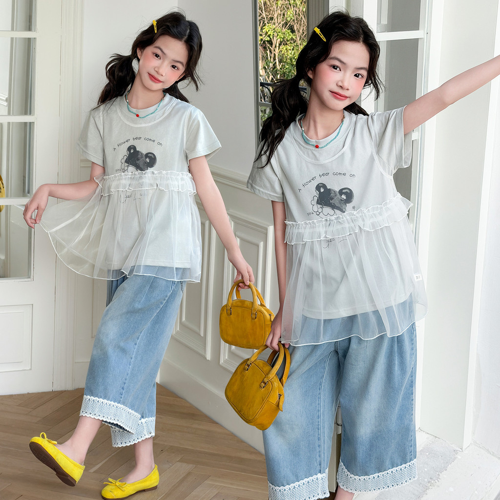 Quần Denim mùa hè cho bé gái 2026 Phong cách mới Trẻ em khâu ren Quần dài đến mắt cá chân