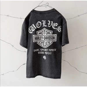Nam Vintage Rửa Đau Khổ Đầu Sói In Hình Ngắn Rộng Baggy Cổ Thấp Punk Street Áo Thun