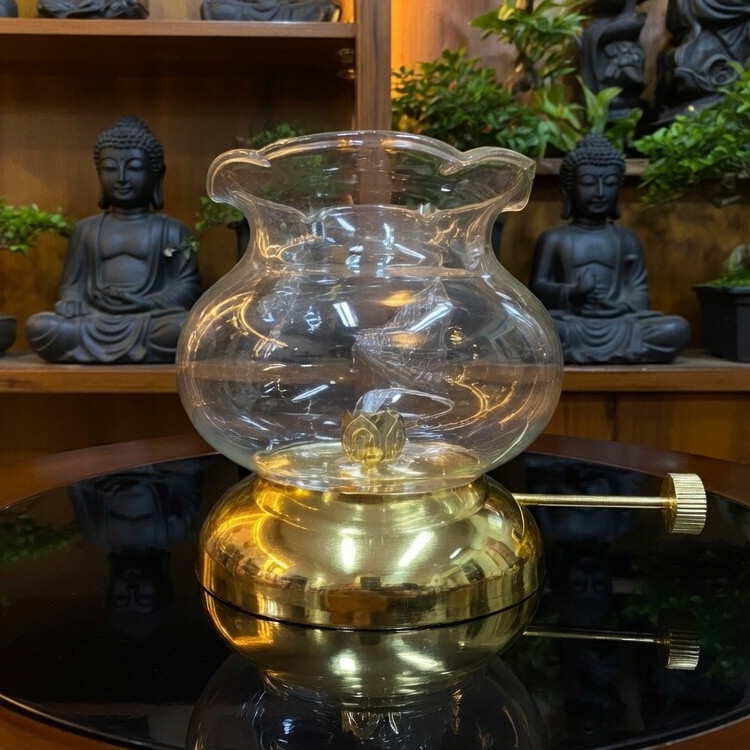 Đèn Dầu Thờ Cúng Hình Hoa Sen Lưu Ly Vàng - Đèn Bàn Thờ Cúng Gia Tiên, Thần Tài, Thờ Phật - Chất Liệu Cao Cấp [ Đèn 035]