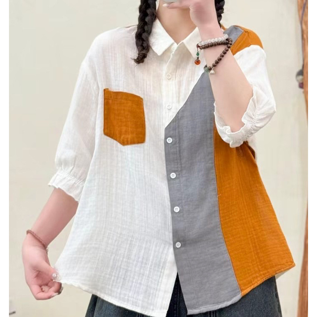 Áo sơ mi nữ tay ngắn cotton dáng rộng, nhiều màu lựa chọn