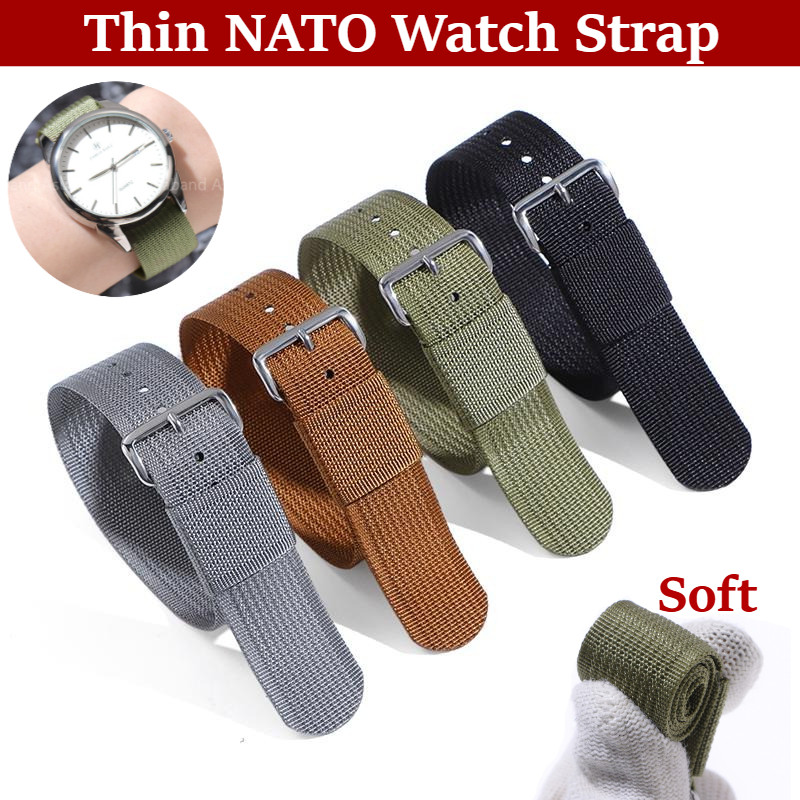 Dây đeo đồng hồ NATO nylon mỏng 20-22mm, dệt một vòng đơn, mềm, thể thao đa năng, cho nam nữ – nâu, đen, xanh, xám