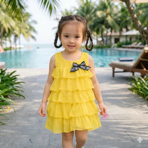 Váy Bé Gái Công Chúa Sát Nách Thiết Kế 5 Tầng Phối Nơ Ngực Sang Chảnh 10-16kg