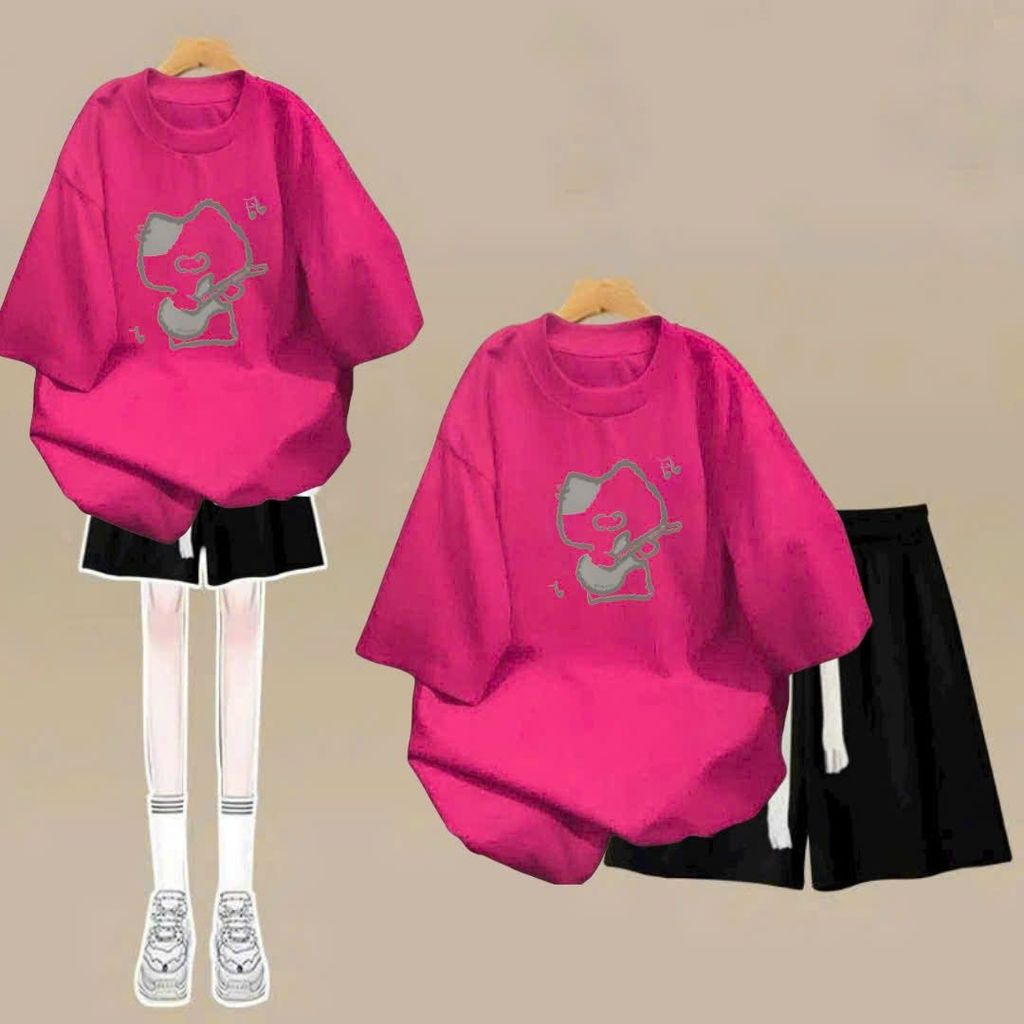 sét bộ quần đùi cộc dây to trơn+mix áo phông form rộng in hình mèo đánh đàn-SHOP THỜI TRANG THU BIO