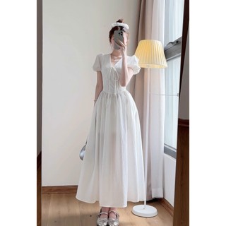 Váy cổ V dáng dài tay phồng phong cách tiểu thư hàn quốc , Váy Maxi Tiểu Thư Dáng Dài Siêu Xinh