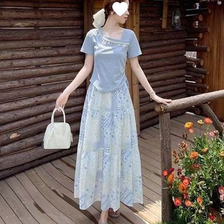 Bộ Váy Nữ mùa hè mới siêu thời trang gồm áo ngắn tay và chân váy in thanh lịch trẻ trung mùa hè
