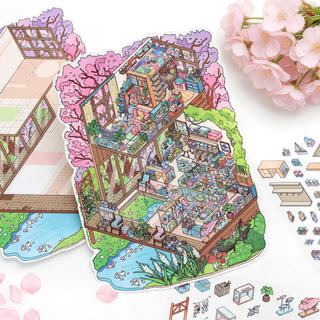 ENWEI 3 Cái [Spring Cherry Dwelling] Chất liệu chống nước 3D Nhãn dán cảnh quan Rừng cuối mùa hè Khóa tu trường thu cho tạp chí
