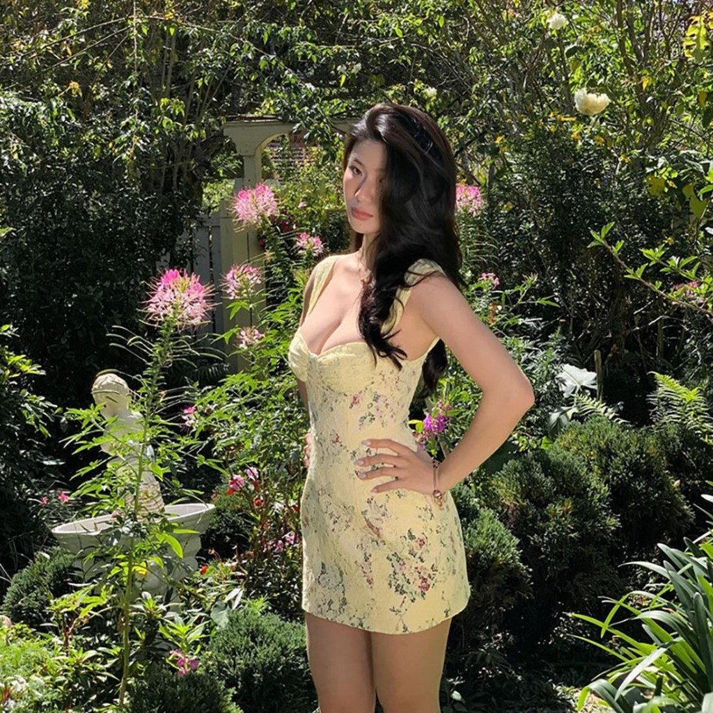 CuteNew Đầm Bodycon Mini Ren Chắp Vá, Thiết Kế Cổ Thấp In Hoa Thanh Lịch Cho Mùa Hè