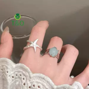 Nhẫn mở zircon xanh dương hình sao biển, phong cách đại dương đơn giản, xu hướng Y2K mới nhất - Bộ 2 cái