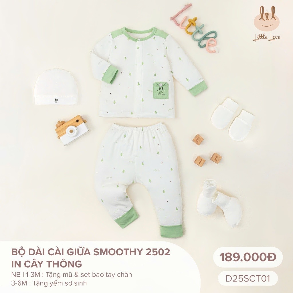 Bộ sơ sinh dài tay mỏng chất liệu smoothy [Mềm, co dãn tốt] Lil little love (D25SCT01)tặng sét mũ bao tay chân tay Hoặc