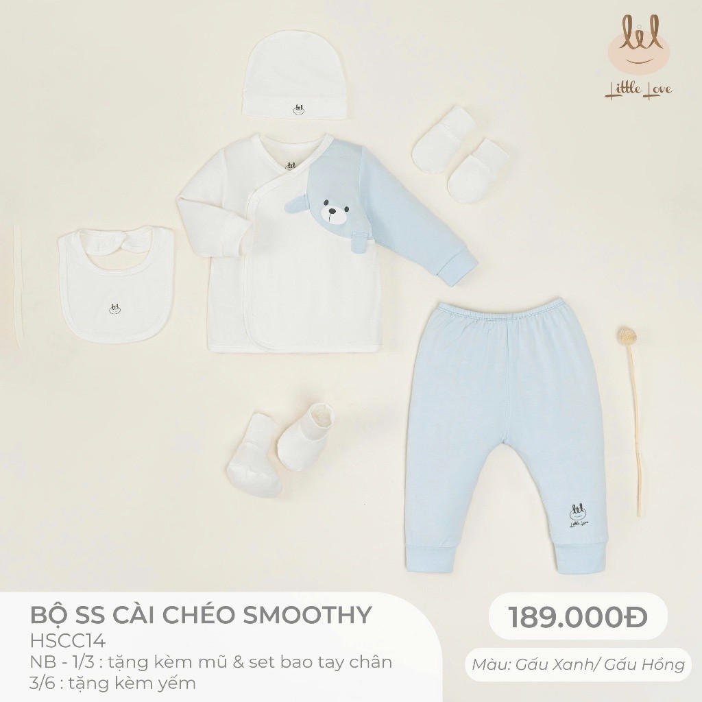 Bộ Sơ Sinh cài lệch dài tay mỏng chất liệu smoothy  cho bé từ 0-6 tháng (HSCC14) tặng kèm mũ, sét bao tay chân Hoặc Yếm