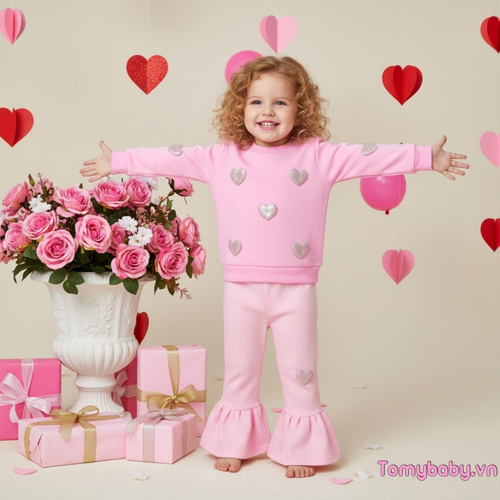Bộ trang phục 2 món ngày lễ tình nhân cho bé gái Áo dài tay trang trí trái tim + Bộ quần loe lưng co giãn