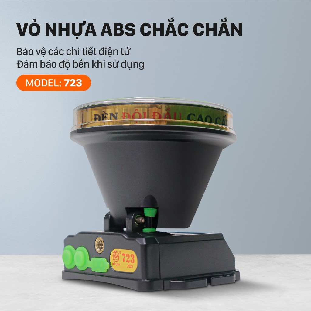 Đèn pin đội đầu siêu sáng 723 Mỹ Linh, đèn pin 2 chế độ sáng, xoay 180 độ, dùng pin lithium 2400mAh