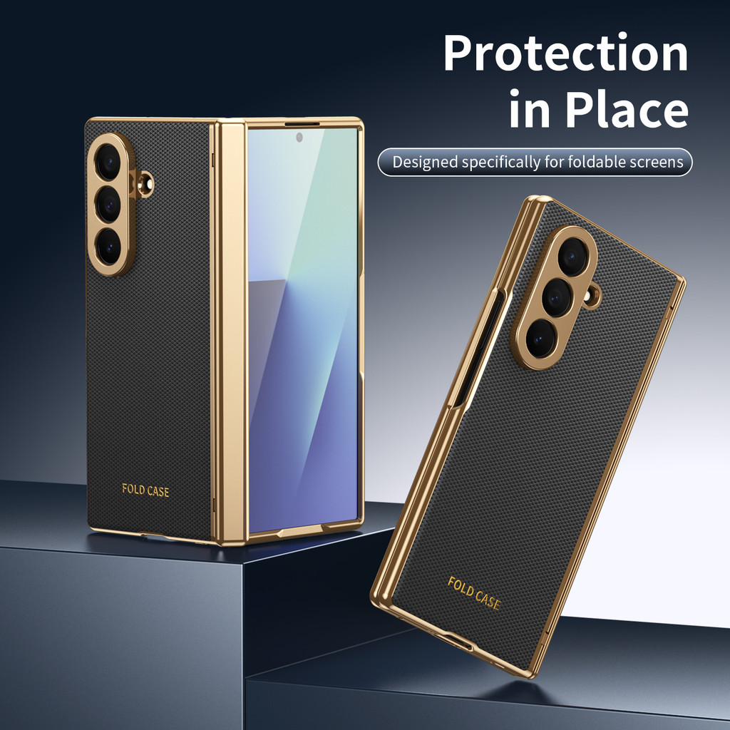 Ốp điện thoại viền vàng da có màng thép cho Samsung Galaxy Z Fold 7 6 5 4 3 Fold6 Bản lề Bảo vệ chống sốc